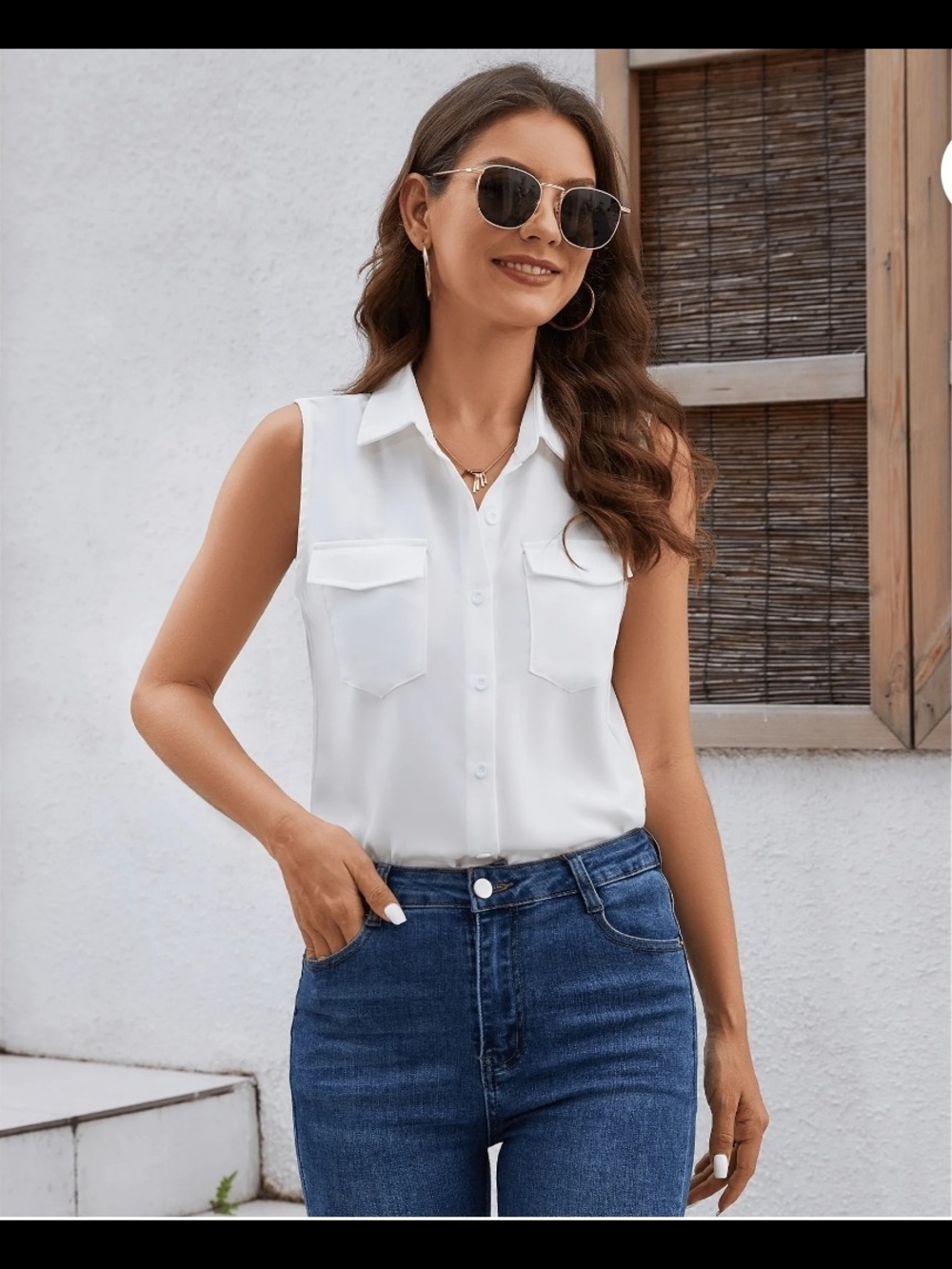 Women’s Sleeveless Collared Button-Front Top - White